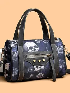 Women Gothic Skull Floral Print Boston Handbag PU Leather Rivet Shoulder Crossbody Bag Street Punk Style Small Tote Purse