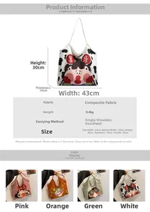 Detailed size chart and multi-color specifications for the printed canvas tote bag
