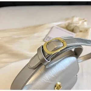 Detail van een zilveren handtas met textuur en hoogwaardige goudkleurige metalen gespen