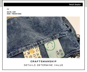 Detailweergave van vintage denim draagtas met voorvak en duurzaam stikselontwerp