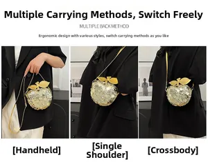 Borsa a mela con paillettes dorate mostrata in versione a mano, a spalla e a tracolla