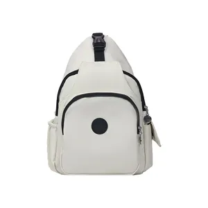 Minimalist off-white nylon sling bag with sports logo and spacious side pockets