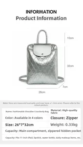 Size guide for fashionable silver quilted backpack with detailed 26x7x32cm measurements