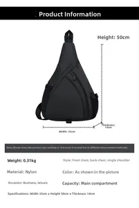 Detailed dimension guide for black nylon sling bag showing size 35x50x14cm and features