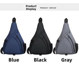 Waterproof triangle chest bags shown in blue, black, and grey with side mesh pocket