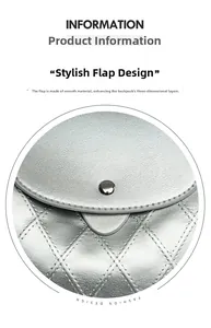 Detail view of silver backpack featuring quilted diamond pattern and sleek metal buckle
