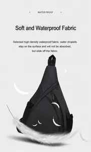 Detailed view of the water-resistant black crossbody chest bag with feather accents