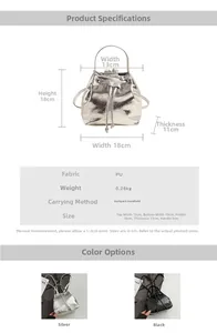 Size chart showing PU leather backpack dimensions, weight and available silver black colors