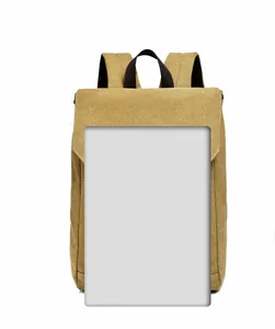 Detail of khaki canvas backpack with black straps and flap closure for laptops