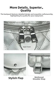 Detailed views of silver quilted backpack showing zipper, flap cover, and strap rings