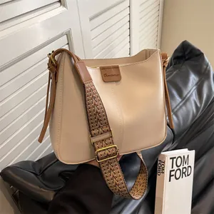 Dames Retro PU Lederen Schoudertas Brede Geometrische Riem Crossbody Tas Casual Tote Handtas Contrast Kleur Woon-werkverkeer Tas