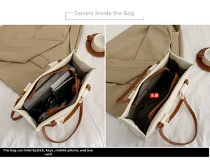 Détail montrant la poche principale zippée du sac cabas en toile avec anses en cuir