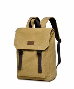 Detail of khaki canvas backpack featuring flap closure with adjustable buckle straps
