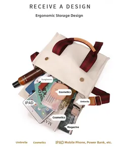 Detail of canvas tote bag showing large capacity for iPad, umbrella, and cosmetics