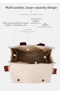 Detail view of canvas tote interior with multi-pocket layout and large storage capacity