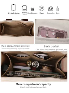 Multi-compartment interior of white canvas bag showing storage for phone and books