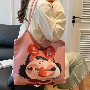 Women Cute Cartoon Canvas Tote Bag Large Capacity Artistic Printed Shoulder Shopping Bag Functional Casual Travel Bag