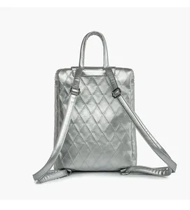 Detail view of the silver quilted backpack with adjustable straps and metallic finish