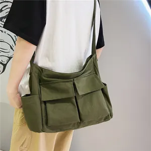 Large Capacity Canvas Messenger Bag Multi Pocket Workwear Style Crossbody Bag For School Daily Casual Travel Women Men Shoulder Bag