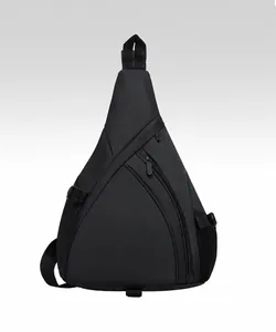 Front view of black triangular chest bag with functional mesh pocket and zippers