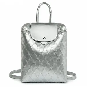 Silver quilted metallic backpack for women with adjustable straps and top handle design