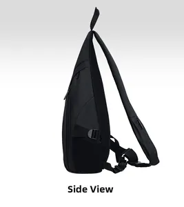 Side view of black nylon sling bag with mesh pocket and breathable mesh back panel