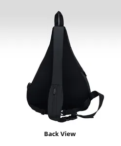 Back view of black crossbody chest bag featuring breathable mesh padding and strap pocket