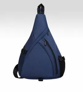 Detail view of navy blue water-drop sling bag with mesh pocket and dual zippers