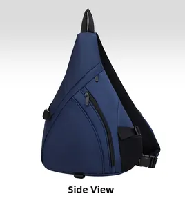Detail view of durable blue nylon chest bag with side mesh pocket and buckle strap