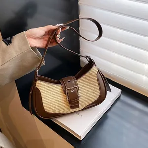Women's Korean Vintage Woven PU Leather Stitching Underarm Bag Fashion Half Moon Shoulder Bag With Metal Buckle Hobo Handbag