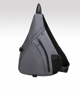 Side view of gray water-drop sling bag featuring breathable mesh and side pocket detail