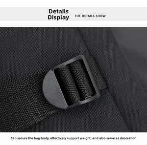 Detail show of durable black plastic buckle and high-density nylon strap on the bag
