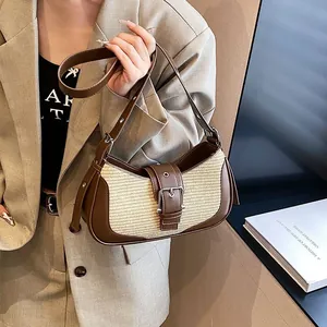 Chic vintage patchwork hobo bag in brown leather and beige woven fabric for women