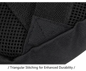 Macro detail of triangle reinforced stitching on black nylon bag for extra durability