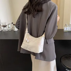 Elegant Chinese style embroidered crossbody dumpling bag in cream white for women