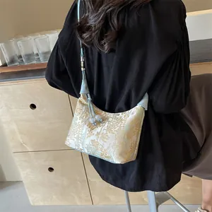 Exquisite embroidered Chinese style dumpling bag with landscape silk fabric and shoulder strap