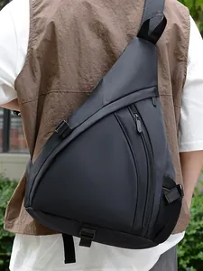 Fashionable black triangular crossbody chest bag with adjustable strap and side mesh pocket