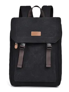 Minimalist black canvas backpack with brown leather accents and flip cover flap design