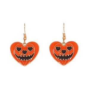 Boucles d'oreilles cœur citrouille Halloween en émail orange et noir avec crochets