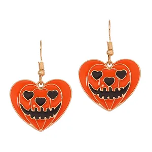 Boucles d'Oreilles Pendantes Cœur Citrouille d'Halloween Alliage Émail Bijoux pour Femmes Cadeau de Fête Orange Noir
