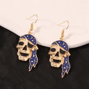 Gothic pirate skull drop earrings with gold alloy and blue enamel star pattern