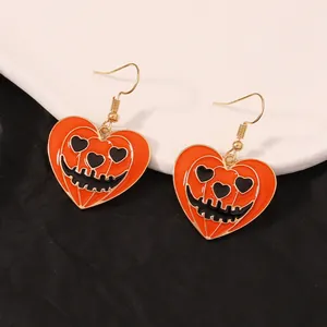 Boucles d'oreilles cœur Halloween avec visage citrouille orange et crochets dorés