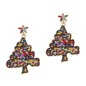 Fashion Zinc Alloy Christmas Tree Drop Earrings Colorful Rhinestone Drip Oil Merry Letter Star Dangle Earrings For Xmas Party Women