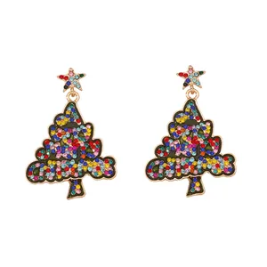 Festive Christmas tree drop earrings with colorful rhinestones in golden alloy finish