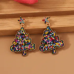 Colorful Christmas tree drop earrings with gold alloy plating and sparkling rhinestones