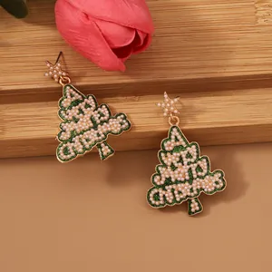 Golden Christmas tree drop earrings with green glitter and pearl Merry Christmas lettering
