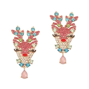 Vintage Christmas Reindeer Rhinestone Stud Earrings For Women Alloy Colorful Crystal Teardrop Drop Earrings Jewelry Gift