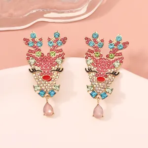 Elegant Christmas reindeer stud earrings with colorful rhinestones and pink teardrop charm