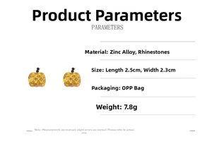 Detail view of crystal pumpkin earrings with dimensions 2.5cm by 2.3cm and weight specs