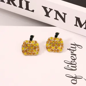 Exquisite apple-shaped stud earrings featuring full rhinestones in amber and green colors